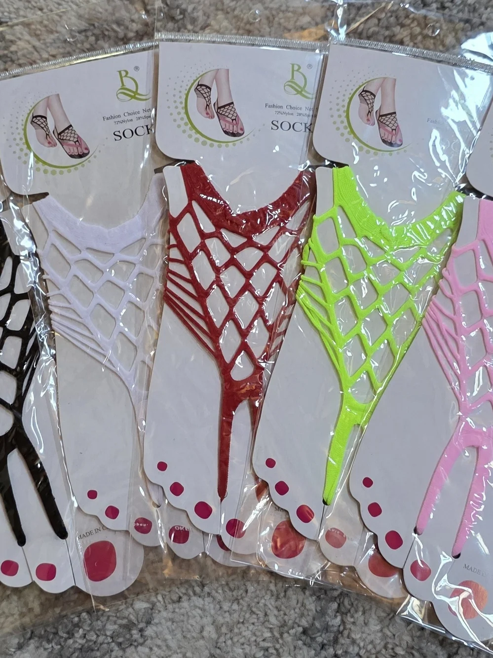 24 Pack Of Fishnet Toe Thong Socks - Neon Green, Red, White, Pink, Black